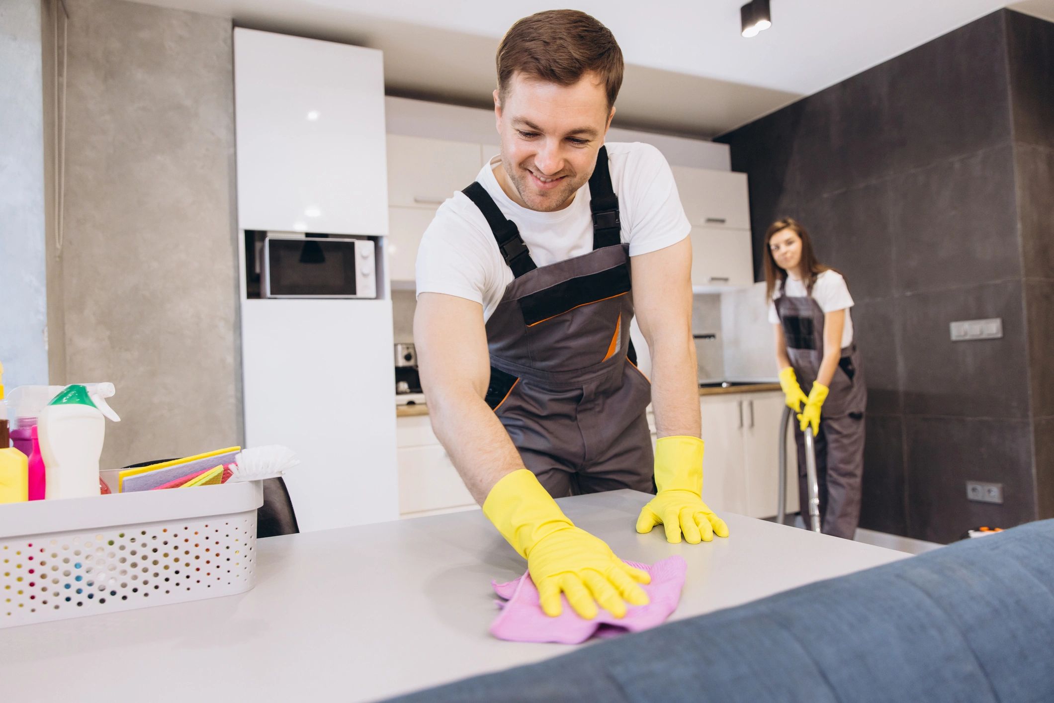 Cleaning team at work in a modern home