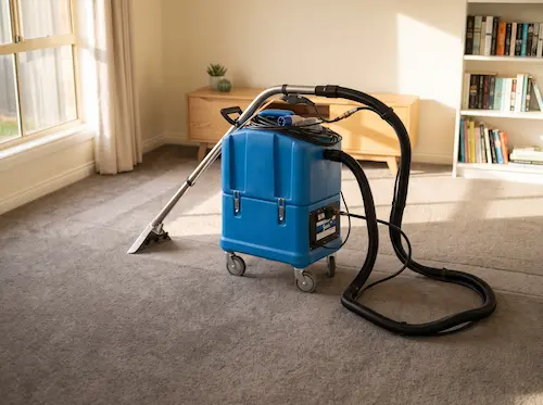 Professional carpet extraction machine at work in a living room