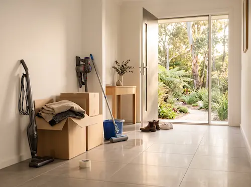 Moving boxes in a freshly mopped tiled hallway