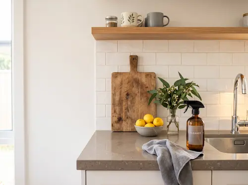 Spotless kitchen benchtop kept clean with a regular cleaning schedule